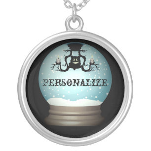 Black cat chandelier autumn snow globe blue black  silver plated necklace