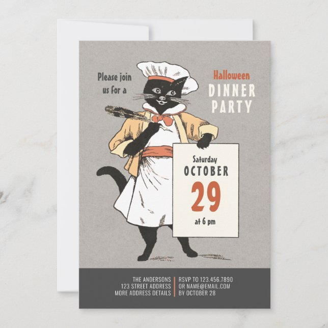 Black cat chef Vintage Halloween Dinner CC1266 Invitation (Front)