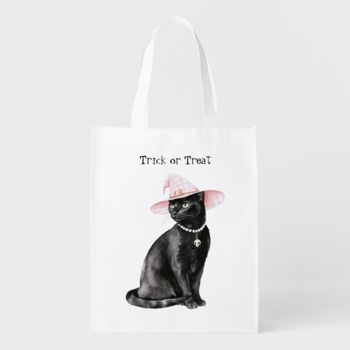 Black Cat Chic Pink Hat Halloween Grocery Bag