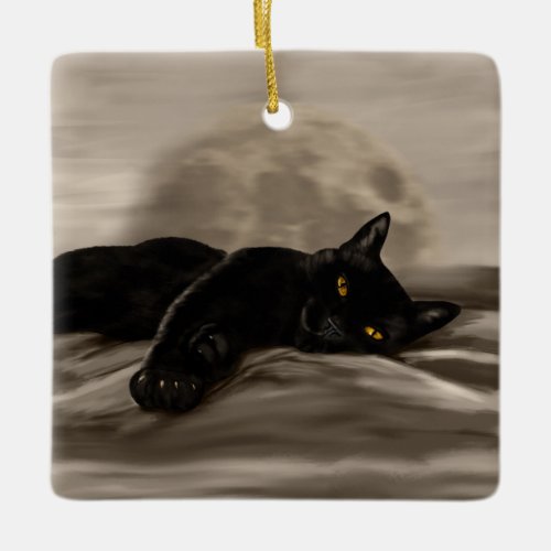 Black Cat chilling Ceramic Ornament