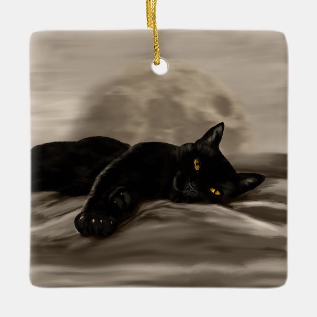 Black Cat chilling Ceramic Ornament (Front)