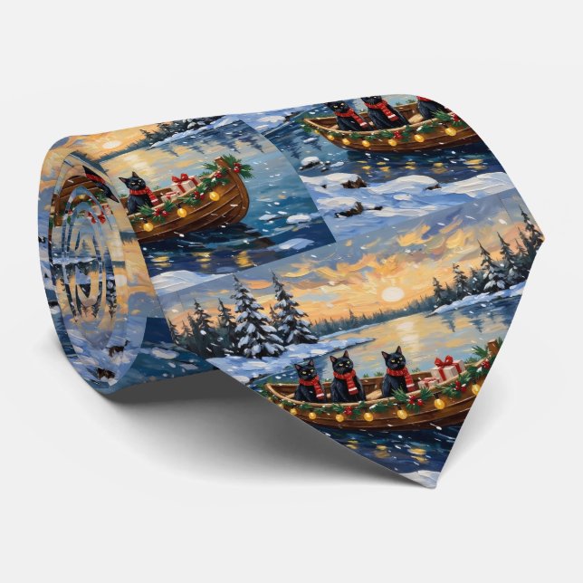 Black Cat Christmas Boat Holiday Neck Tie (Rolled)