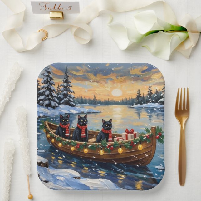 Black Cat Christmas Boat Holiday Paper Plates (Wedding)