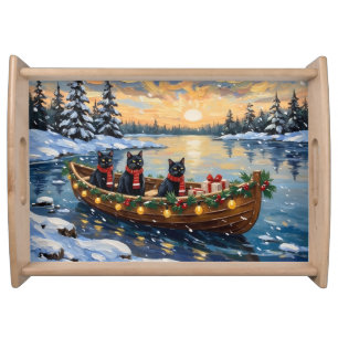 Black Cat Christmas Boat Holiday Serving Tray