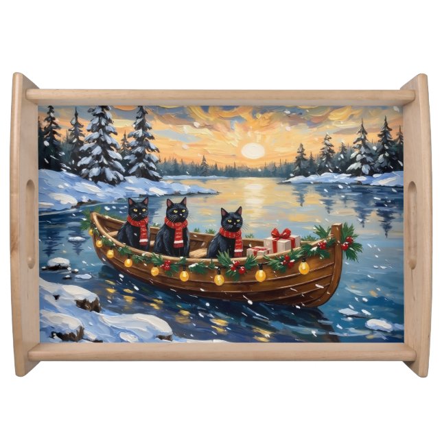 Black Cat Christmas Boat Holiday Serving Tray (Front)
