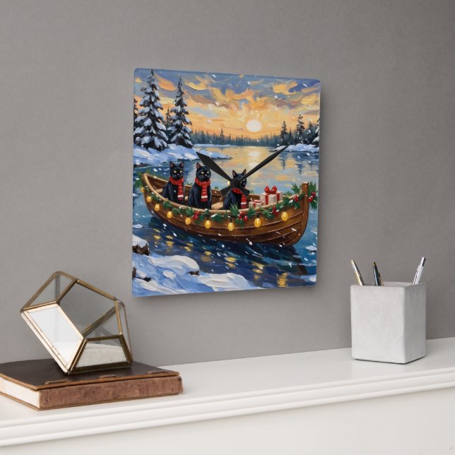 Black Cat Christmas Boat Holiday Square Wall Clock (Office)