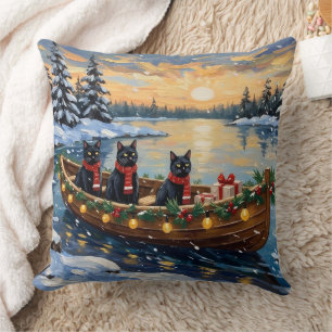 Black Cat Christmas Boat Holiday Throw Pillow