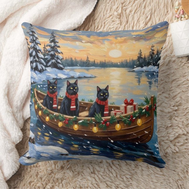 Black Cat Christmas Boat Holiday Throw Pillow (Blanket)