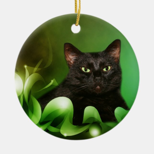 Black cat Christmas Ceramic Ornament (Front)