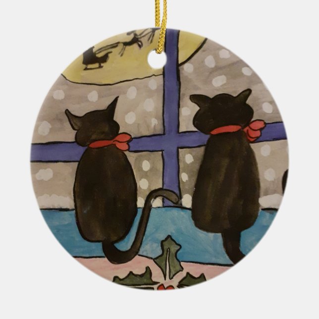 Black Cat Christmas  Ceramic Ornament (Front)