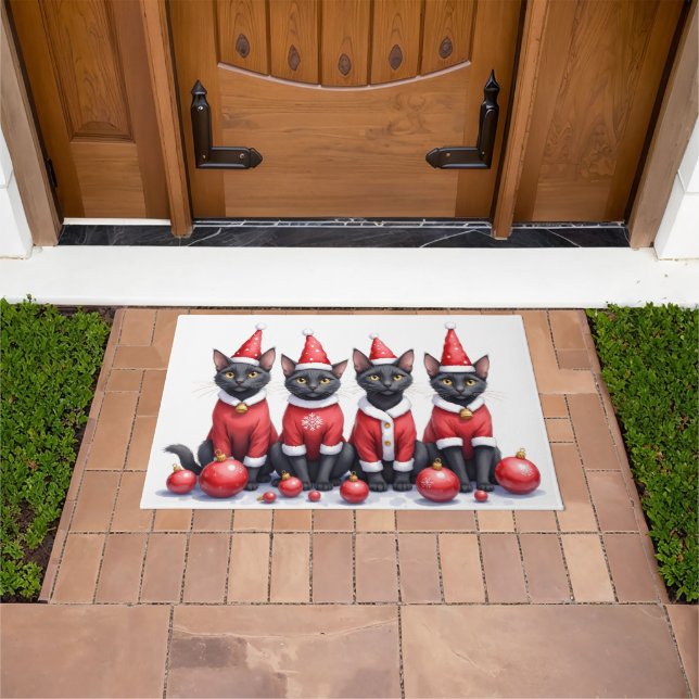 Black Cat Christmas Dress Santa Hat Doormat (Outdoor)