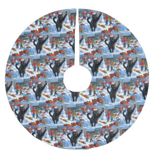 Black Cat Christmas Festive Snow Scene Brushed Polyester Tree Skirt
