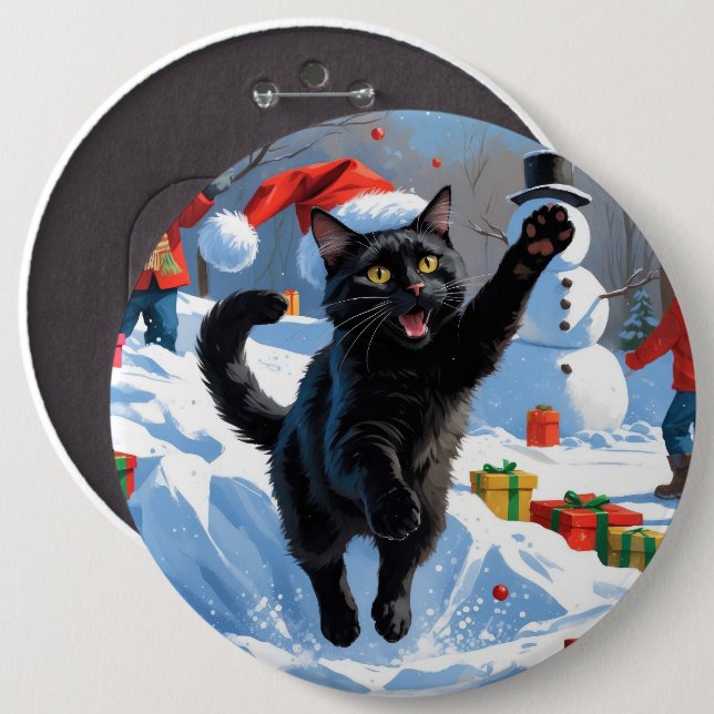 Black Cat Christmas Festive Snow Scene Button (Front & Back)