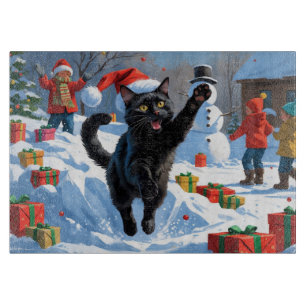 Black Cat Christmas Festive Snow Scene Cutting Board