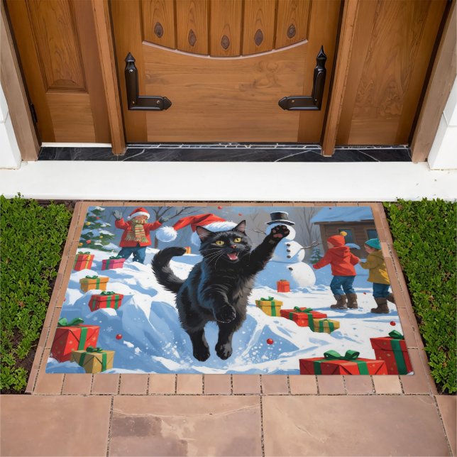 Black Cat Christmas Festive Snow Scene Doormat (Outdoor)