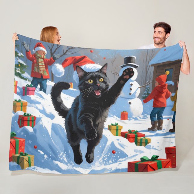 Black Cat Christmas Festive Snow Scene Fleece Blanket (In Situ)