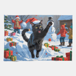 Black Cat Christmas Festive Snow Scene Kitchen Towel