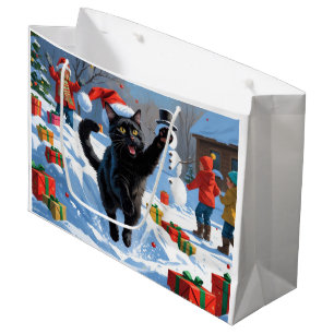 Black Cat Christmas Festive Snow Scene Large Gift Bag