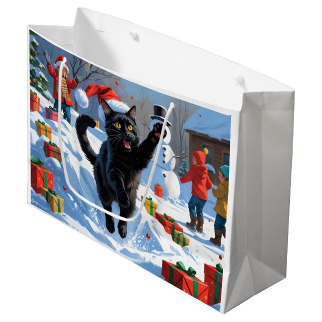 Black Cat Christmas Festive Snow Scene Large Gift Bag (Front Angled)