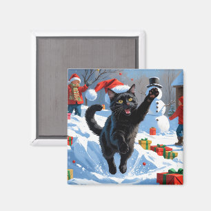 Black Cat Christmas Festive Snow Scene Magnet