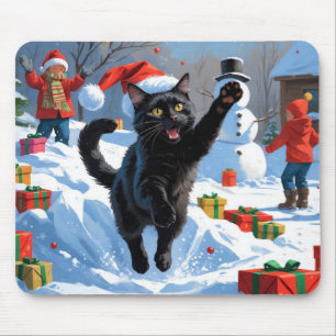 Black Cat Christmas Festive Snow Scene Mouse Pad