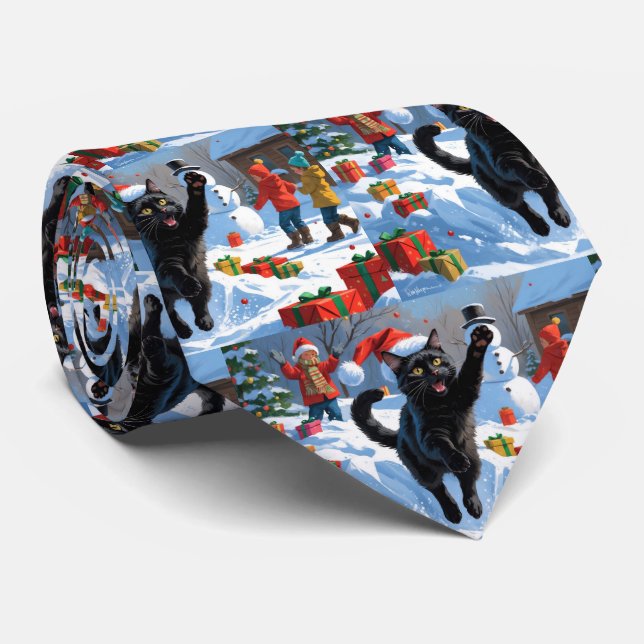 Black Cat Christmas Festive Snow Scene Neck Tie (Rolled)