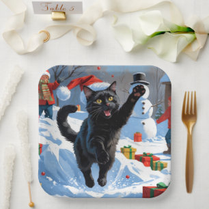 Black Cat Christmas Festive Snow Scene Paper Plates