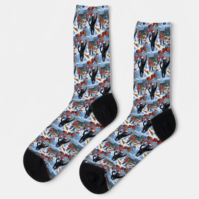 Black Cat Christmas Festive Snow Scene Socks (Left)