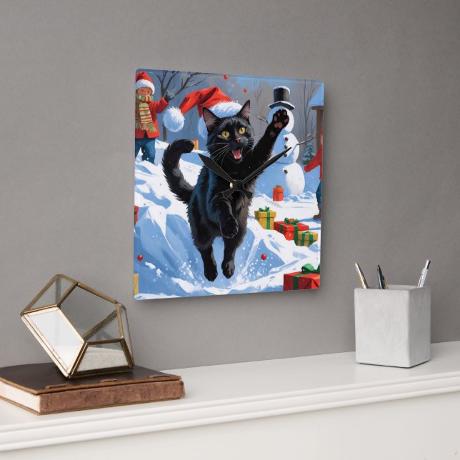 Black Cat Christmas Festive Snow Scene Square Wall Clock (Office)