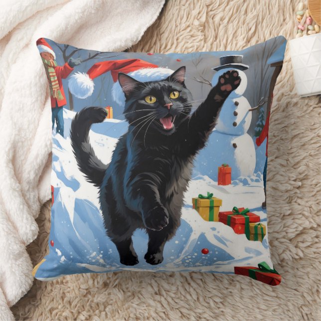Black Cat Christmas Festive Snow Scene Throw Pillow (Blanket)