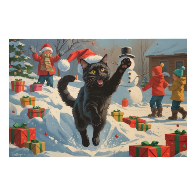Black Cat Christmas Festive Snow Scene Wood Wall Art (Front)