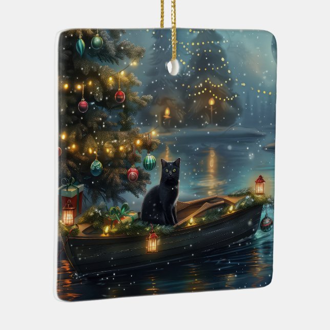 Black Cat Christmas Festive Voyage Ceramic Ornament (Right)