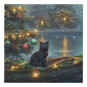 Black Cat Christmas Festive Voyage Faux Canvas Print