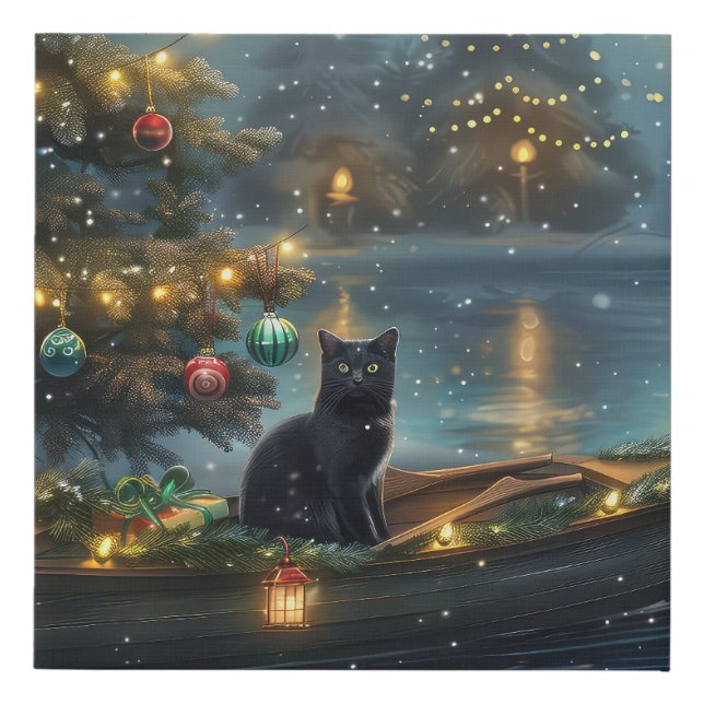 Black Cat Christmas Festive Voyage Faux Canvas Print (Front)