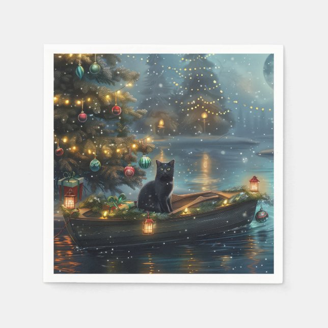 Black Cat Christmas Festive Voyage Napkins (Front)