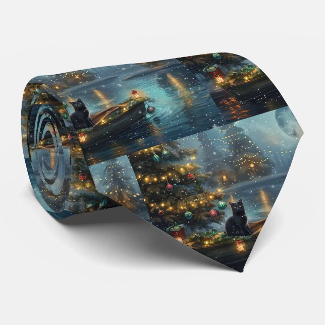 Black Cat Christmas Festive Voyage Neck Tie (Rolled)