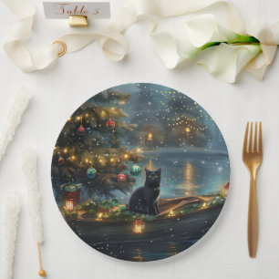 Black Cat Christmas Festive Voyage Paper Plates