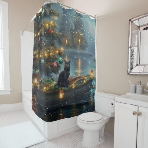 Black Cat Christmas Festive Voyage Shower Curtain