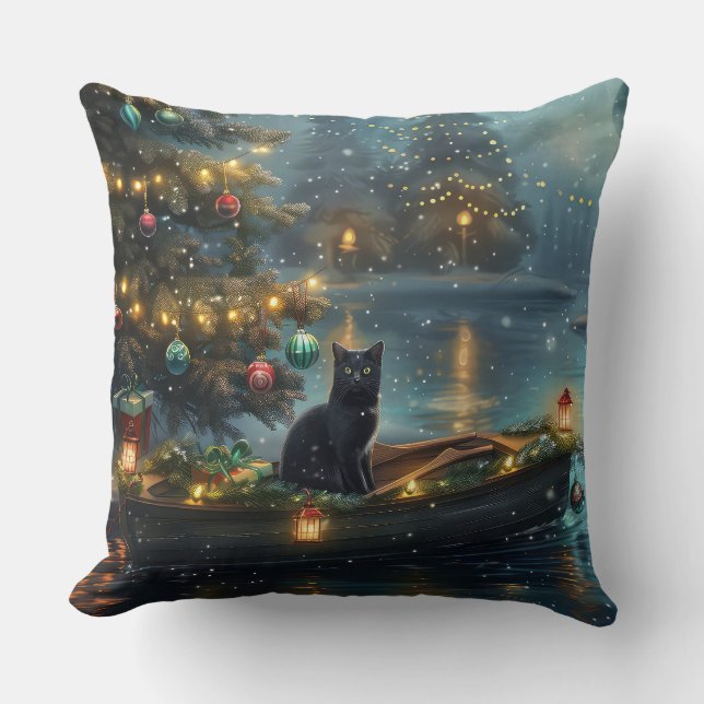 Black Cat Christmas Festive Voyage Throw Pillow (Front)