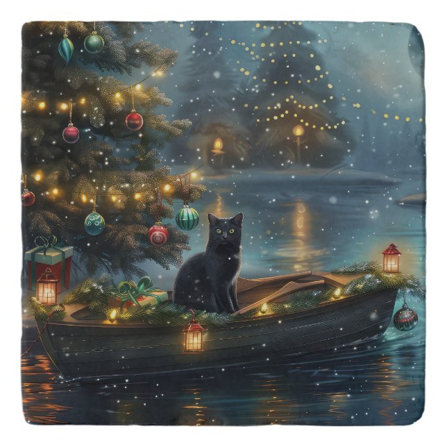 Black Cat Christmas Festive Voyage Trivet (Front)