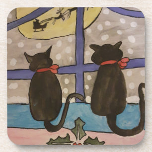 Black Cat Christmas Hard Plastic Coaster