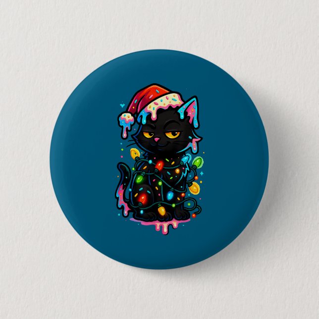 Black Cat Christmas Ice Cream Drip Santa Hat Cute  Button (Front)