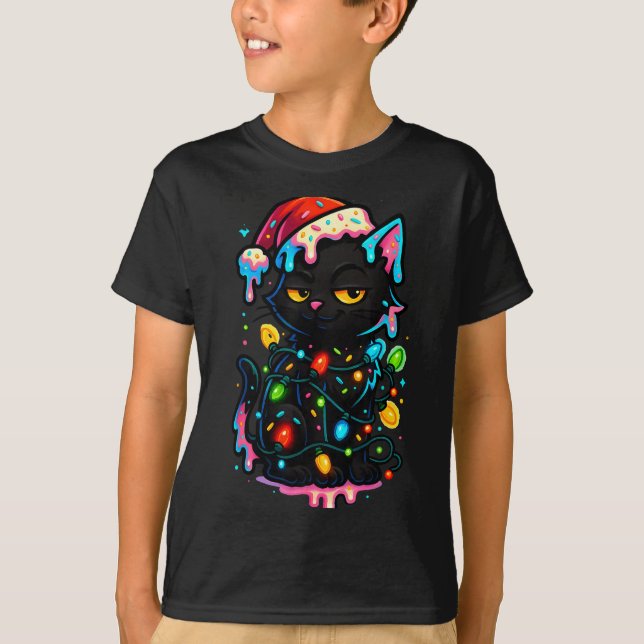 Black Cat Christmas Ice Cream Drip Santa Hat Cute  T-Shirt (Front)