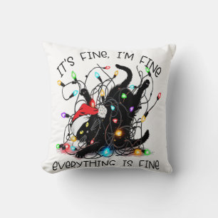 Black Cat Christmas It's Fine I'm Fine Everything Throw Pillow