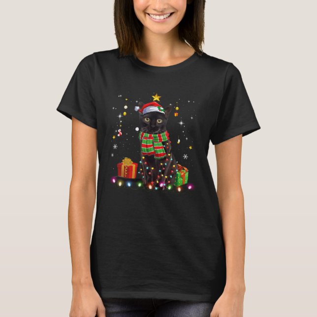Black Cat christmas light   cat  christmas T-Shirt (Front)