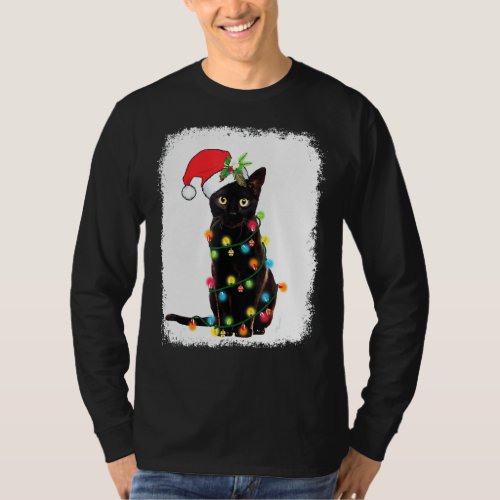 Black Cat Christmas Light Cat Christmas T_Shirt