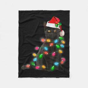 Black Cat Christmas Light Cat Lover Christmas Fleece Blanket