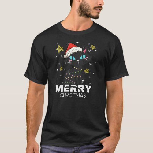 Black Cat Christmas lightCat Lover Christmas T_Shirt