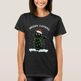 Black Cat Christmas Light cat Wearing Santa hat Me T-Shirt