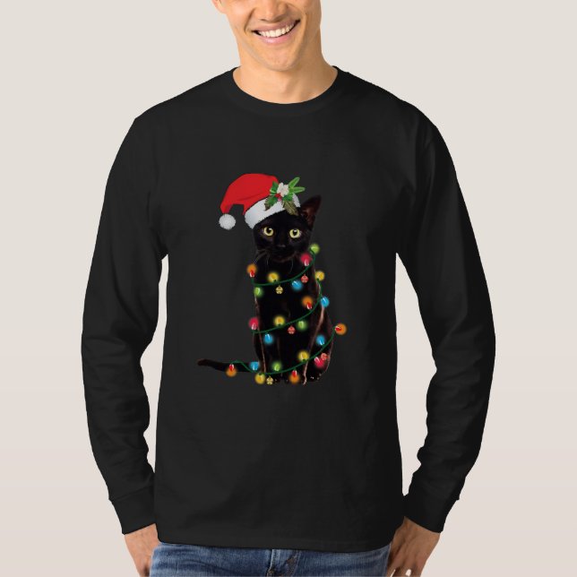 Black Cat christmas light funny cat lover T-Shirt (Front)